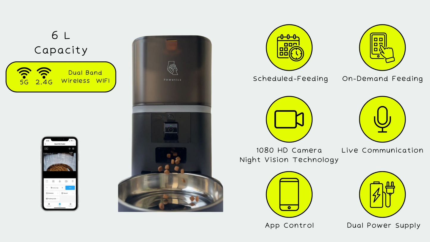 Pawetics Automatic Pet Feeder - Equipped with 5G Wifi, Interactive Audio and Night Vision Camera